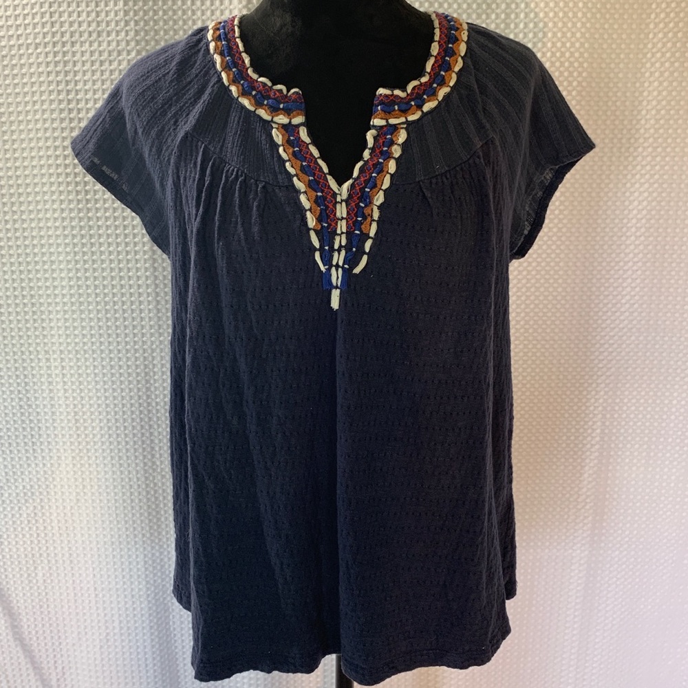 Lucky Brand Embroidered & Embellished Navy Top